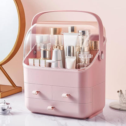 LINFIDITE Cosmetic Storage Box with Lid Makeup Organizer Box with Dust Free Cover Portable Handle,Large Makeup Display Case with Drawers Fully Open Lid,Great for Bathroom Countertop Bedroom Dresser
