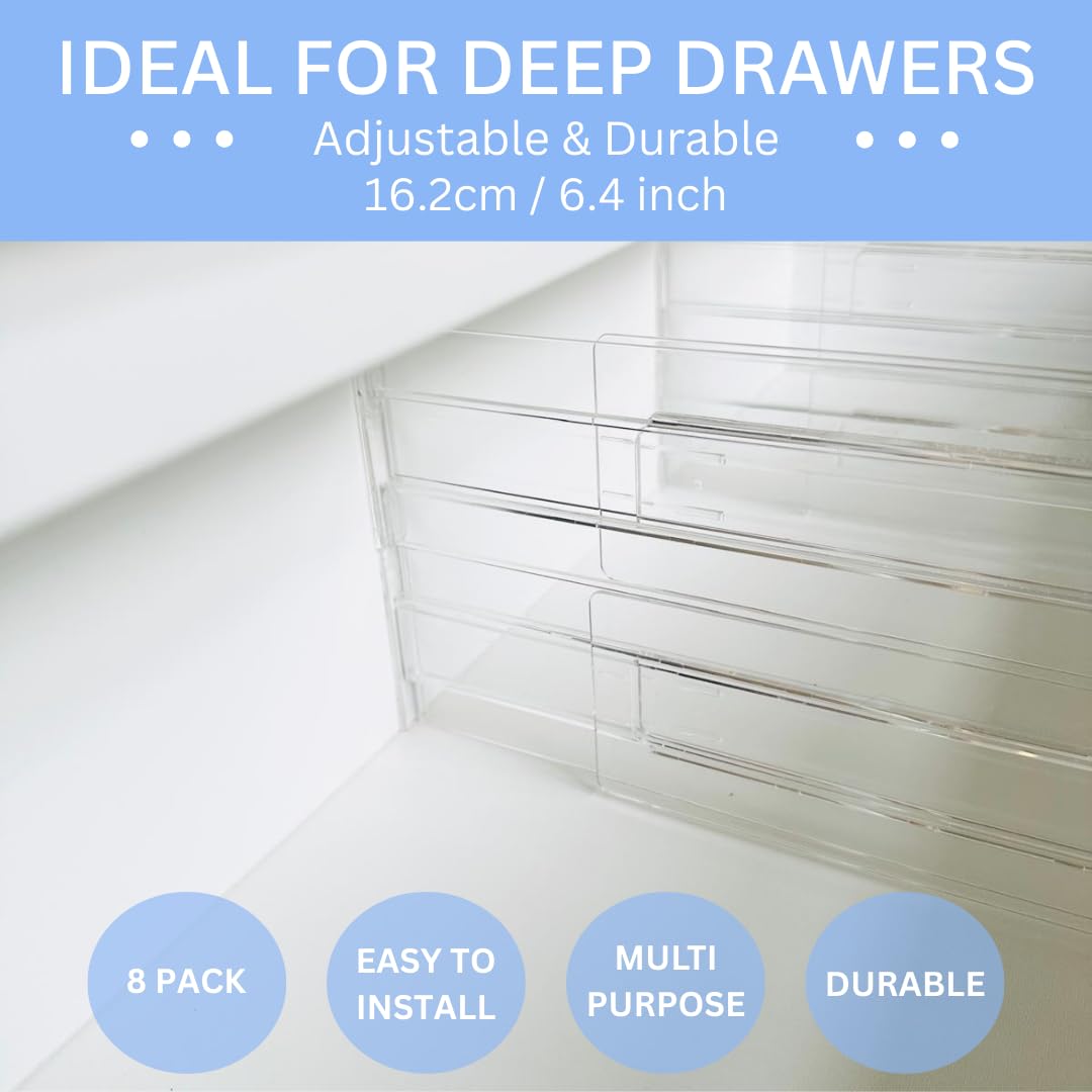Lyfelights 8 Pack Drawer Dividers – Stackable, Adjustable & Expandable Organisers 12.2–21.4" for Deep Drawers – Clothes, Baby Items, Makeup