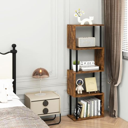 IBUYKE 5/6-Tier Tall Bookshelf,S-Shaped Geometric Bookcase, Wood Display Shelves With Storage,Industrial Bookshelf for Living Room Bedroom, Home Office, Rustic Brown WBC015H