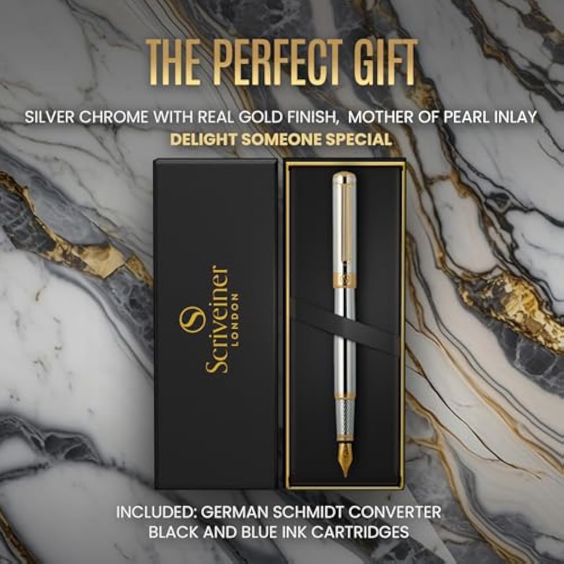 Scriveiner Silver Chrome Fountain Pen - Stunning Luxury Pen, Real Gold Plating, Schmidt Gilded Nib (Medium), Best Pen Gift Set for Men & Women, Professional, Executive Office, Nice Designer Pens