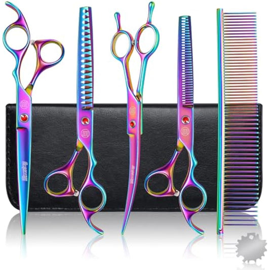 Moontay Dog Grooming Scissors Set Professional, 7 Inch Pet Grooming Scissors, 8 in 1 Straight, Curved, Thinning, Fishbone Scissors with Comb, Tension Adjuster, Cleaning Cloth and Storage Case, Colorfu