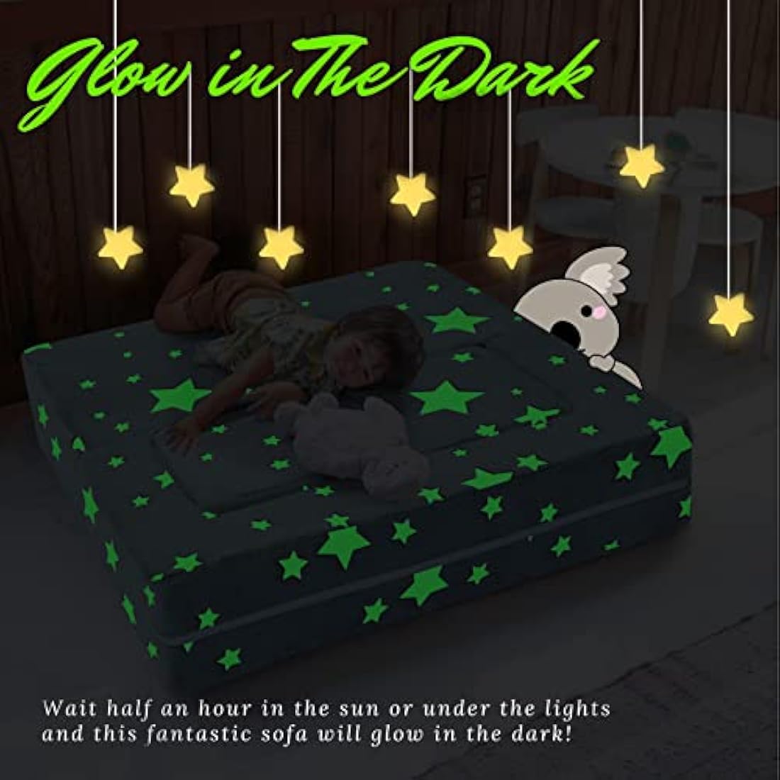 MeMoreCool Kids Sofa Bed, Modular Toddler Couch, Glow in The Dark Stars Kids Chair Lounger Fold Out, Baby Mini Couch Bedroom Furniture for Playroom, Grey Star