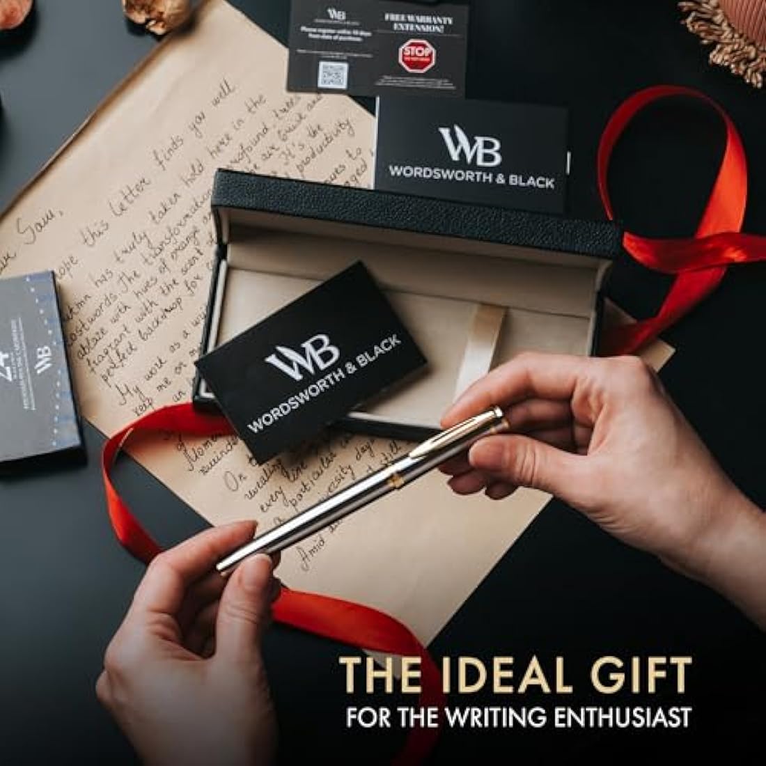 Wordsworth & Black Fountain Pen Set, 18K Gilded Fine Nib, Includes 24 Pack Ink Cartridges, Ink Refill Converter & Gift Box, Gold Finish, Calligraphy, [Silver Gold], Perfect for Men & Women