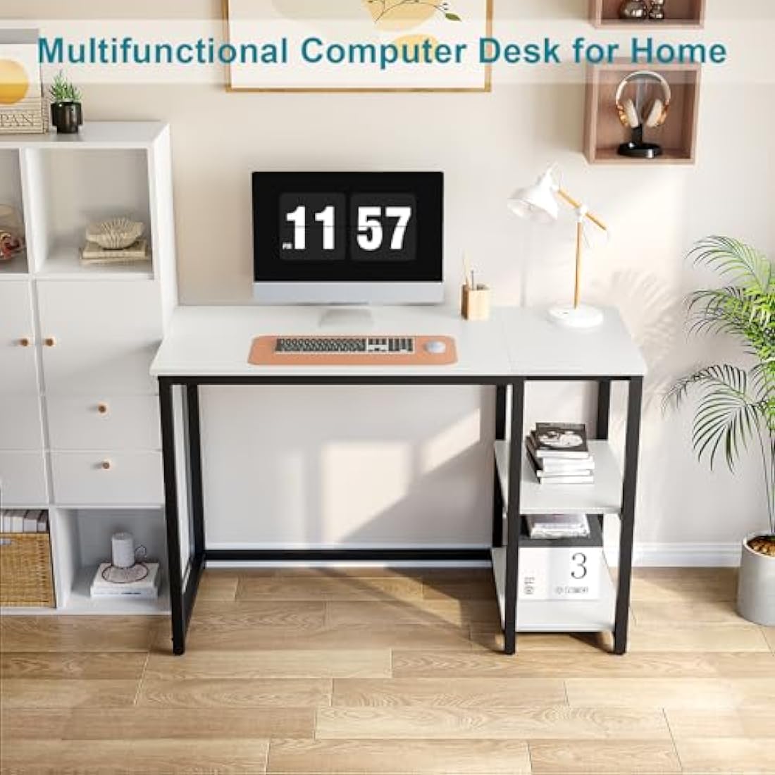 WOHOMO Computer Desk with 2-Tier Shelves 100cm Small Home Office Desk with Large Storage Space Sturdy Modern Gaming Desk for Bedroom Study Writing Laptop Table, White