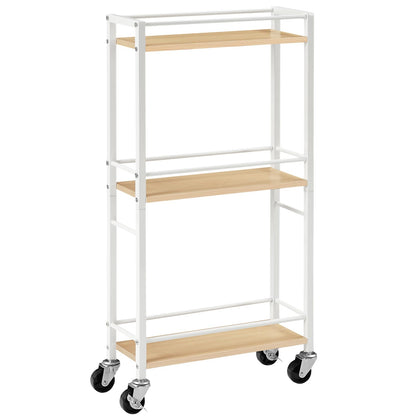 MAHANCRIS 3-Tier Slim Rolling Cart, Mobile Utility Cart on Wheels, Narrow Shelving Unit for Small Space, Wooden Kitchen Storage Rack, for Bathroom,
