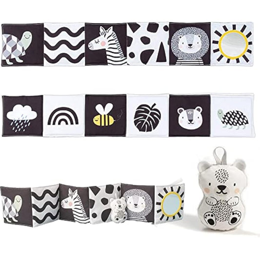 Taf Toys Savannah Black and White 3 in 1 Newborn Baby Pram Book. High Contrast Sensory Soft Double-sided Tummy Time Book with Lion Cub Toy & Baby-safe Mirror. Gift Suitable for Boys & Girls from Birth