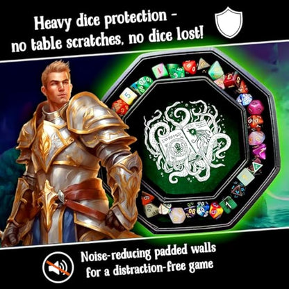 Fantasydice-CTHULHU TOME-GREEN - Dice Tray - 8" Octagon with Lid and Dice Staging Area- Holds 5 Sets(7 Dice Set/Standard) for All Tabletop RPGs Like D&D, Call of Cthulhu, Shadowrun.