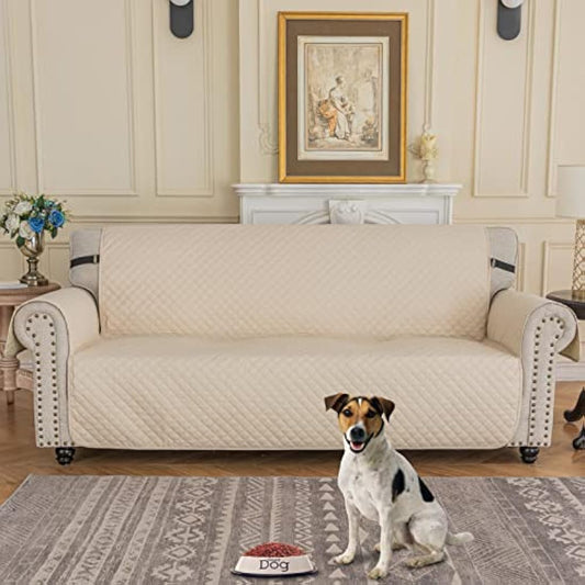 XINEAGE Quilted Sofa Covers 3 Seater, Water Resistant Couch Covers for 3 Seater, Non Slip Sofa Slipcoevrs for Dogs Pets, Reversible Sofa Protector with Elastic Strap Washable (Sofa, Beige)