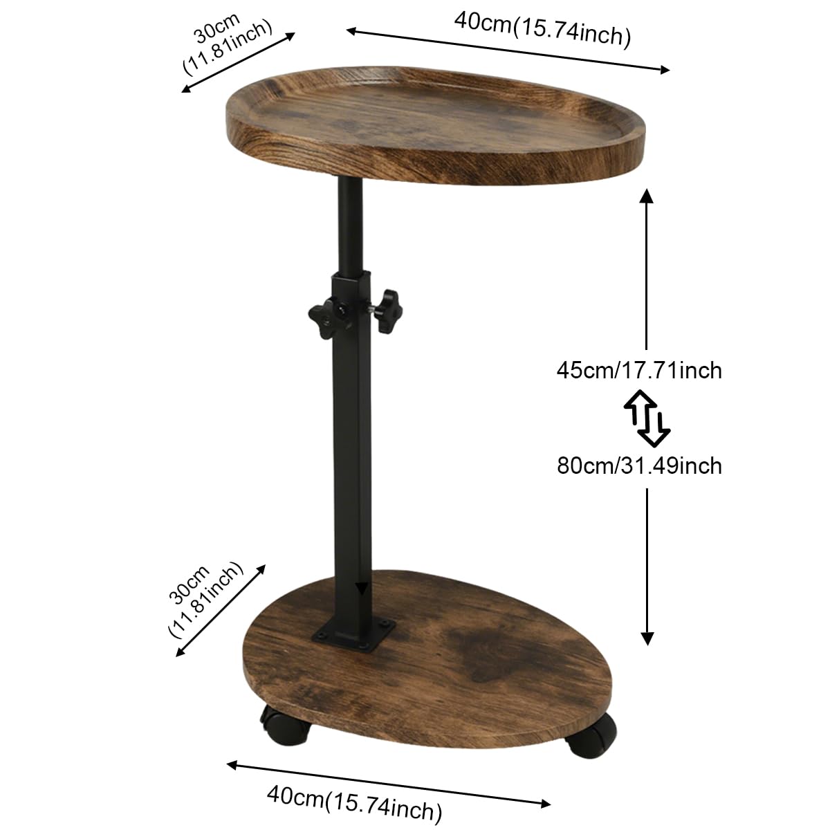 Kiss Me C Shaped Side Table, Height Adjustable End Table with 4 Wheels