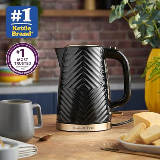 Russell Hobbs Groove Electric 1.7L Cordless Kettle (Fast Boil 3KW, Black textured plastic with brushed gold accents, Removable washable anti-scale filter, Push to open lid, Perfect pour spout) 26380