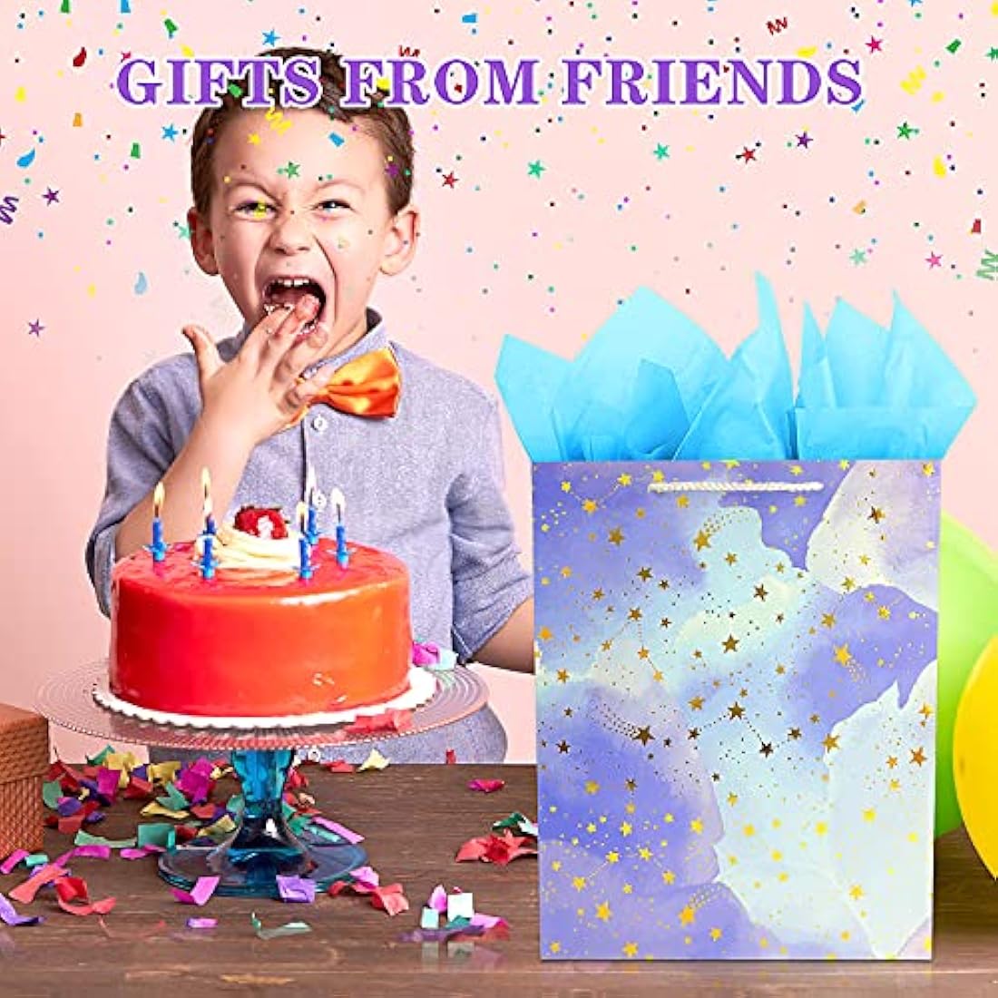 Gift Bag Large-2 Gift Bags with FREE 4 Tissue Paper-Birthday Gift Bag Set with Handle-Paper Gift Bags for Present-Pink and Blue Gift Bags for Women Men Kids Boy Girl Present Bag for Birthday Party Bag