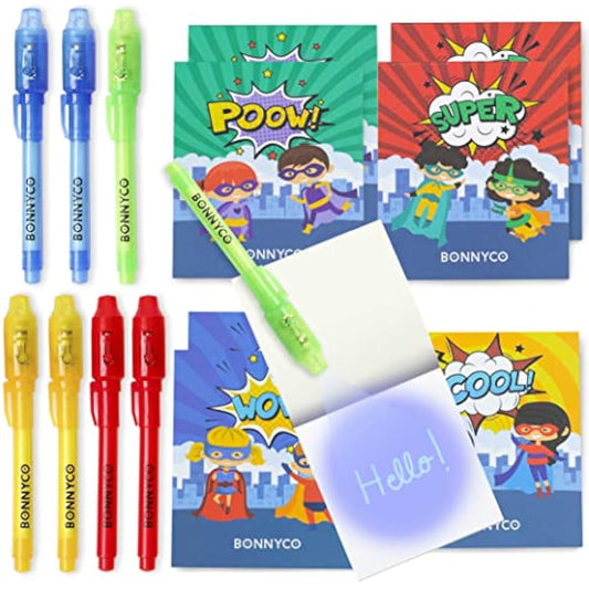 BONNYCO Invisible Ink Pen and Notebook, Pack 8 Superhero Superhero Party Bags Fillers, Pinata Toys | Birthday Decorations | Stocking Fillers for Kids Birthday | School Prizes, Gifts for Children