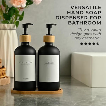 MaisoNovo Bathroom Soap and Lotion Dispenser Set of 3, 500ml Black Soap Dispenser Bamboo Pumps With Labels and Bamboo Tray