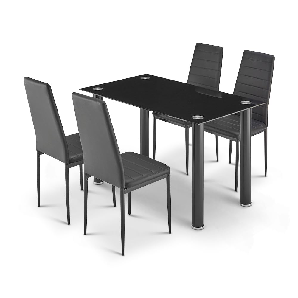 Bravich Dining Table and Chairs Set of 4, Black Tempered Glass 4 Seater Dining Table with High Back PU Leather Chairs