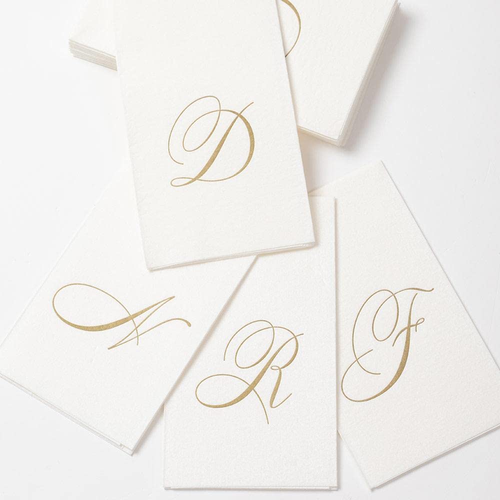 Caspari " Signature Gold Initial D Paper Linen Guest Towels, White Pearl, Pack of 24