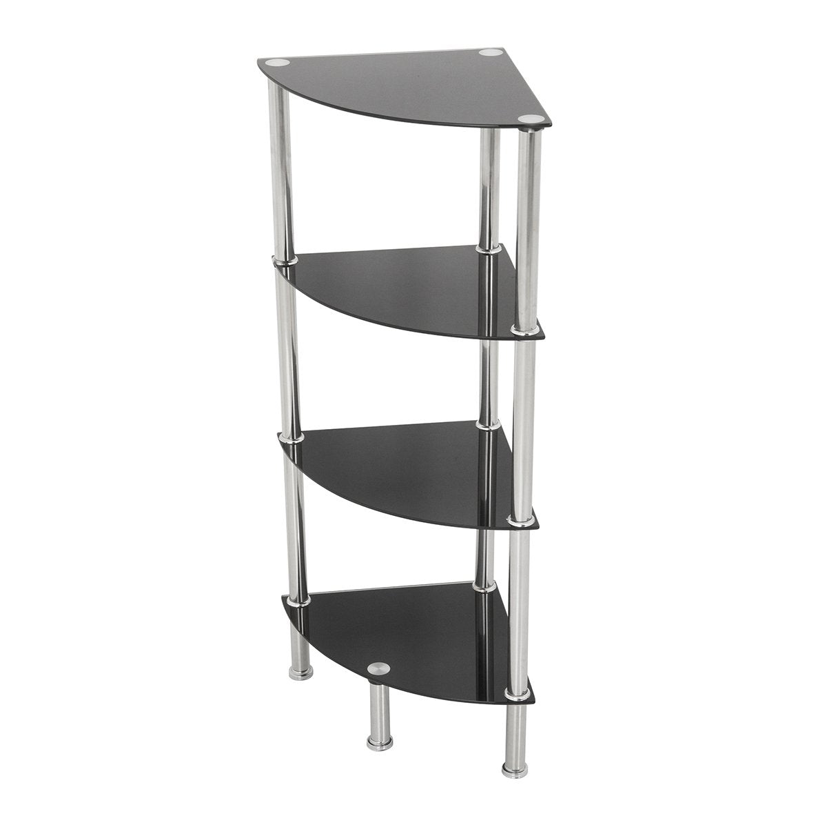 mahara 4 Tier Chrome Effect Black Corner Glass Shelving Unit - Tempered Safety Glass Shelves Max 5kg - Storage Unit W41cm x D30cm x H86.5cm