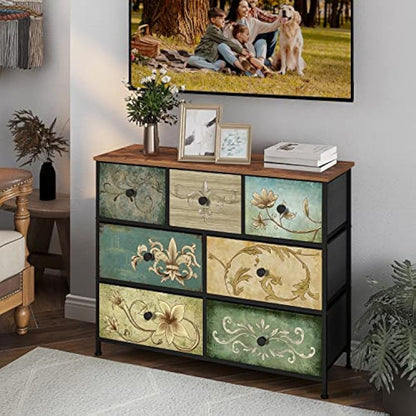 VEDECASA Chest of Drawers Dresser for Bedroom with 7 Drawers Wide Storage Organizer Unit TV Stand for Living Room Kids Room Closet Wood Board Fabric Drawers Easy to Assemble