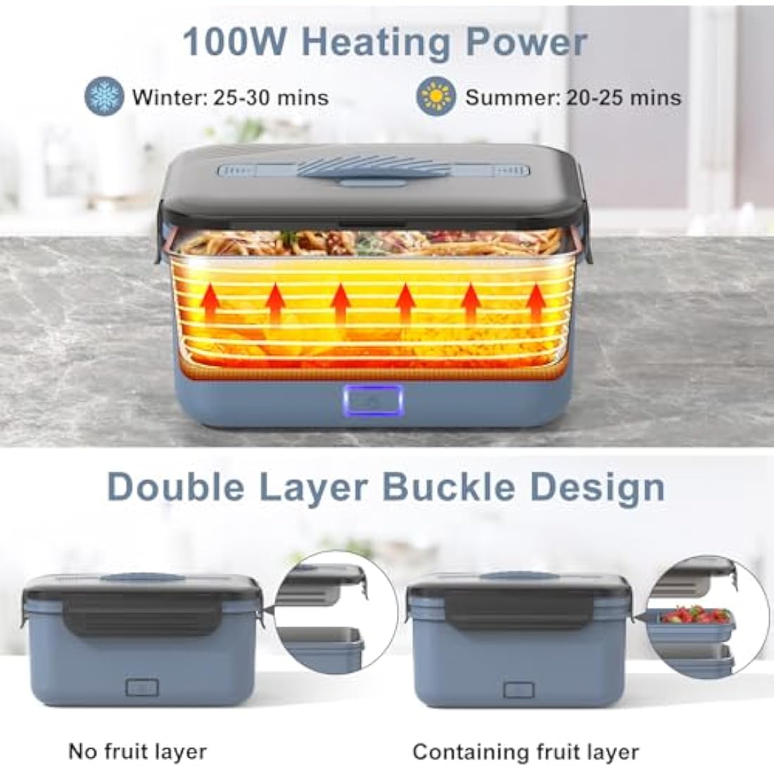 Herrfilk 100W Electric Lunch Box Adults, 1.8L Thermal Lunch Box with Compartments, Heated Lunchbox with 230V Home/Office & 12V 24V Car/Truck Cables, Insulated Lunch Bag, Spoon and Fork, Dark Blue