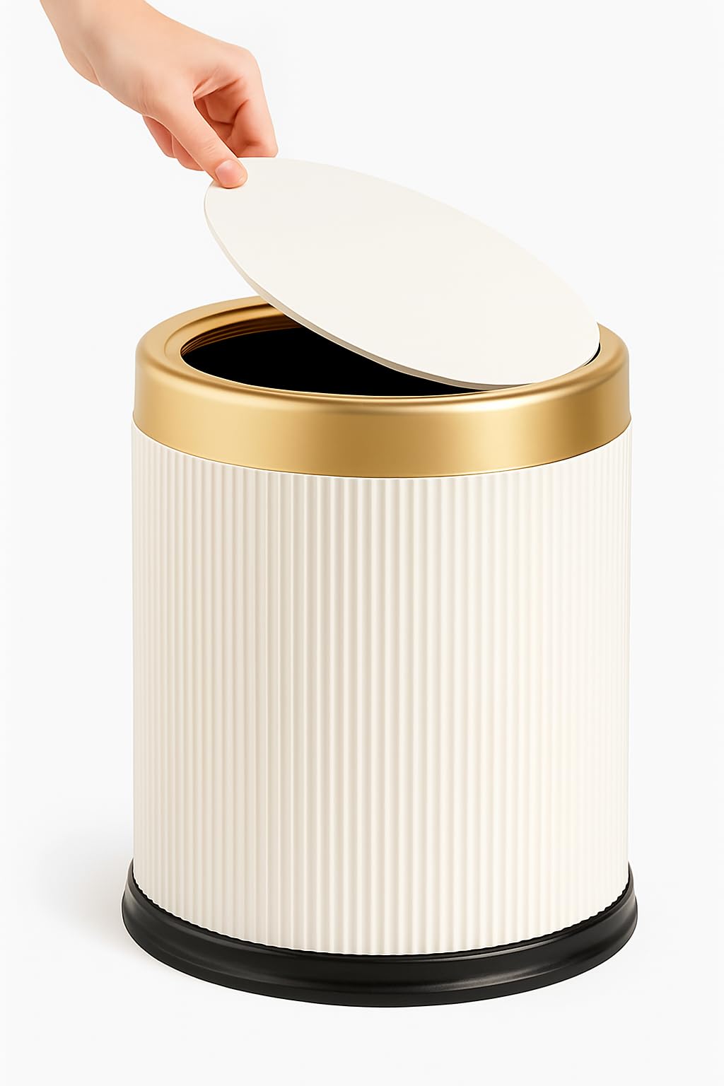 12L Small Bin with Click Lid – Includes Free 50 Bin Bags – Stylish Waste Bin for Living Room, Kitchen, Bathroom & Offic (White and Gold)
