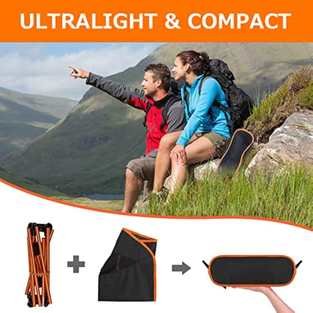 SOPPY [2 Pack] Ultra Lightweight Folding Camping Chair, Portable Backpacking Chair, Heavy Duty 135kg Capacity, Outdoor Chairs with Carry Bag for Camping, Garden, Fishing, Beach,BBQs - Orange