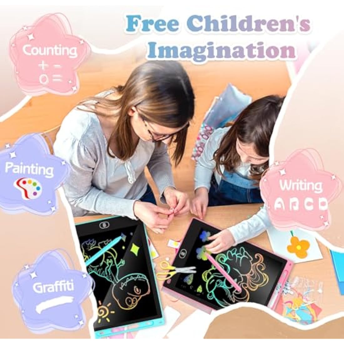 KTEBO® 2 Pack 10 Inch LCD Writing Tablet for Kids, Electronic Drawing Pad and Doodle Board for Ages 3-8, Birthday and Christmas Gifts for Boys and Girls, Back to School Supplies for Kids(Pink & Blue)