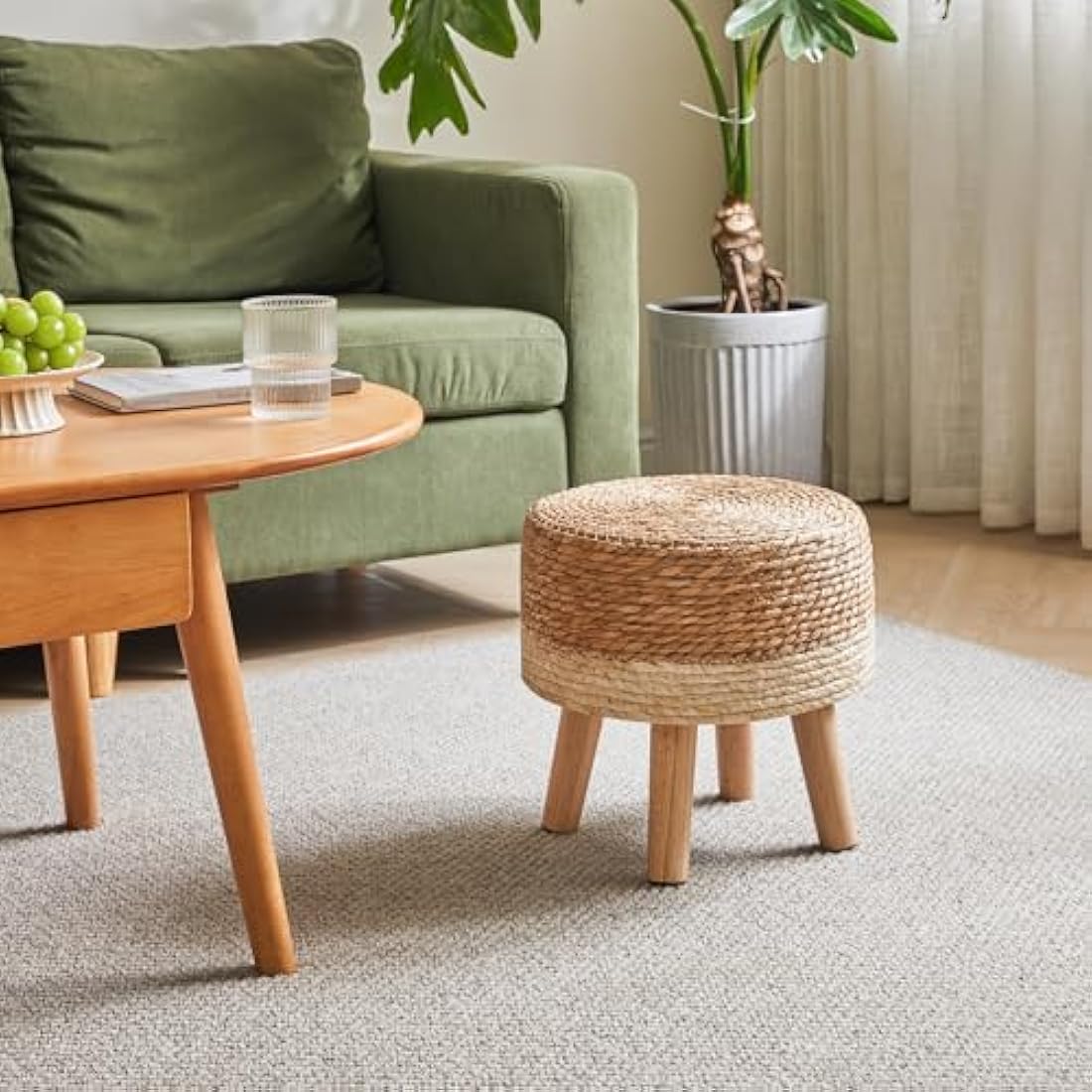 YMYNY Footstool Natural Seagrass Hand Weave, Pastoral Style Footrest, Padded Foot Rest with Non-Skid Pine Legs, Wooden Sofa Stools, for Living Room, Bedroom, 32×32×32CM, Beige HBD027W