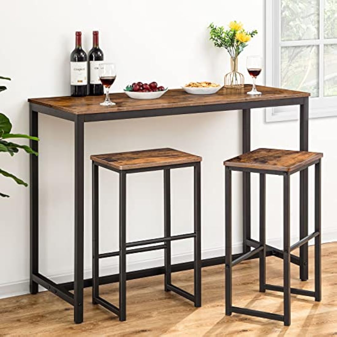 HOOBRO Bar Stools, Set of 2 Bar Chairs with Different Height Pedals, Black Steel Frame, for Living Room, Dining Room, Kitchen, Industrial Design, Rustic Brown EBF34BY01G1