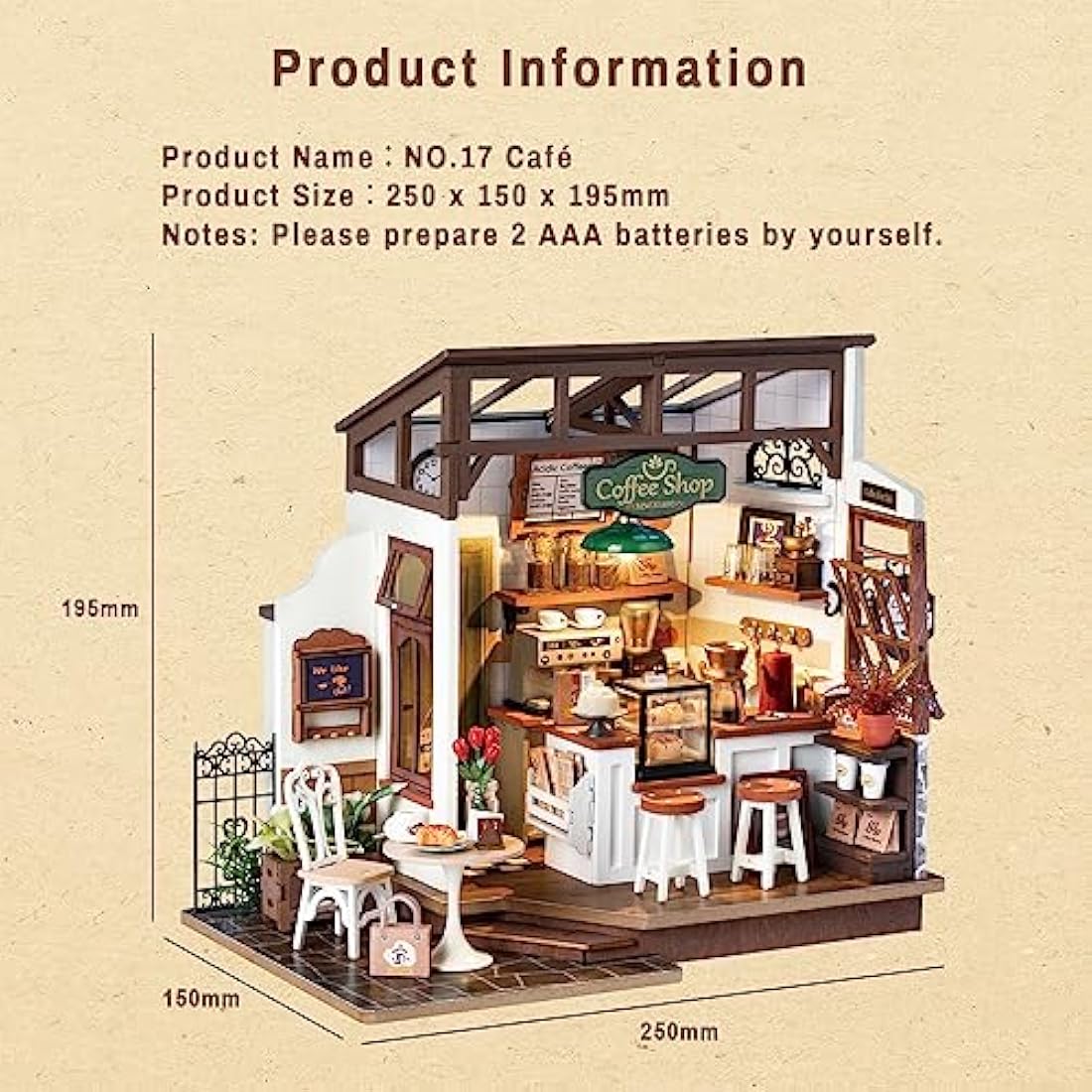 Rolife Dollhouses Café Miniature Wooden Doll House Kit with Furniture Wooden Building Kits with LED Lights for Girls and Women
