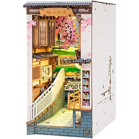 ROBOTIME Wooden Book Nook Dollhouse Kit,DIY Wall Hanging Miniature Room, Puzzle House Model Building Kits with LED Lights, Home, Bookshelf Decor (Sakura Densya)