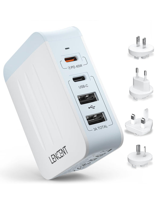 LENCENT 45W Multiple USB Wall Charger, International Cell Phone Charger with 2 PD Type-C+2 USB, Fast Charger Block for All iPad iPhone 15/14/13 Pro