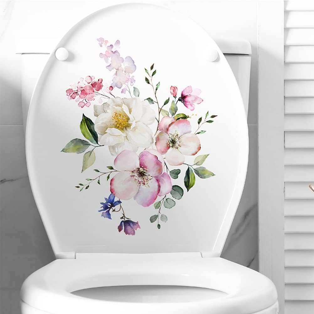 Flowers Toilet Seat Lid Stickers, Toilet Lid Cover Decals Self-Adhesive Removable Bathroom Wall Sticker Flower Pattern for Restroom WC Decorations