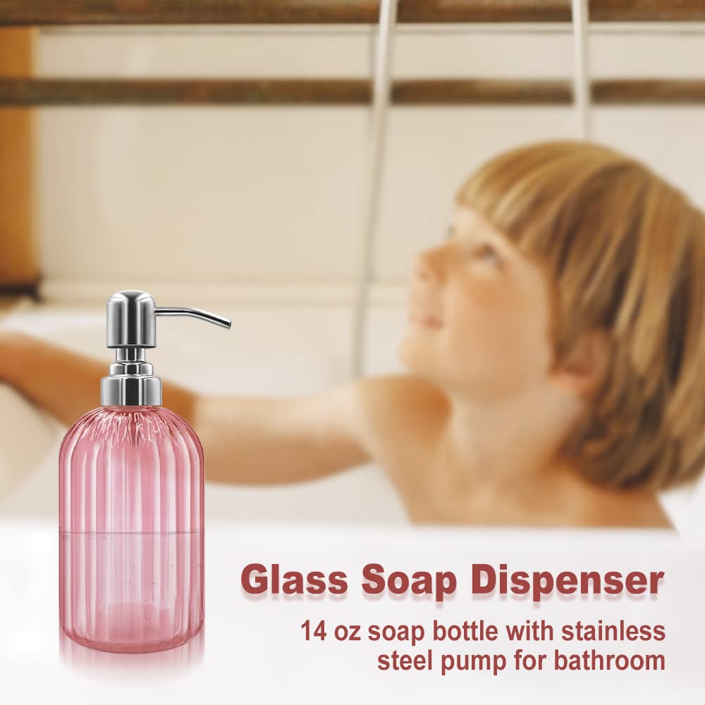 14 Oz Glass Soap Dispenser with 304 Rust Proof Stainless Steel Pump, Refillable Hand Liquid Soap Dispenser for Bathroom, Kitchen， Countertop