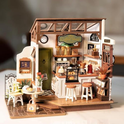ROWOOD Doll House Kit Coffee House, DIY Miniature House Craft Building Room, Wooden Model Kits with Accessories for Adults and Teens to Build, for Christmas and Birthday