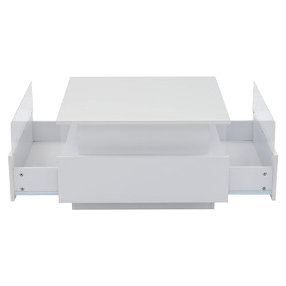 ModernLuxe LED Coffee Table with Storage, Square Acrylic Glass Tea Table, 2 Sliding Drawers, High Gloss White Center Table with Lights, 70x70x41cm
