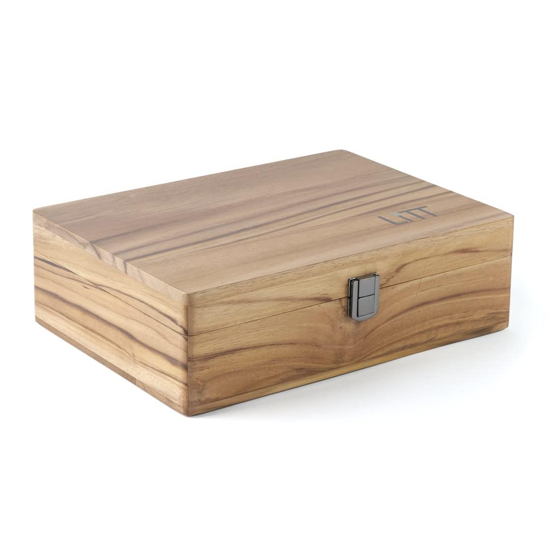 LITT Portable Teak Wooden Stash Box - Rolling Storage Set with Tray, Accessory with Lid - Discreet Secure Storage