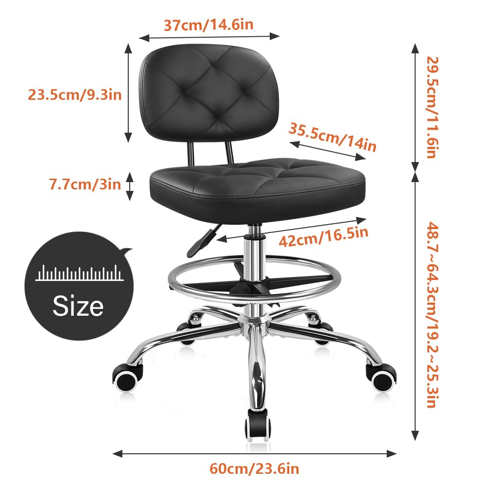 KKTONER Drafting Chair with Backrest Rolling Stool with Wheels Adjustable Footrest Swivel Chair Height Adjustable Office Chair for Shop Counter
