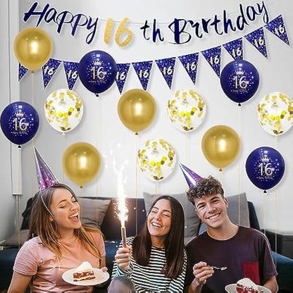 Boys 16th Birthday Decorations Navy Blue Gold 16th Birthday Party Decorations Boys Banner Bunting Kit by Wonsta