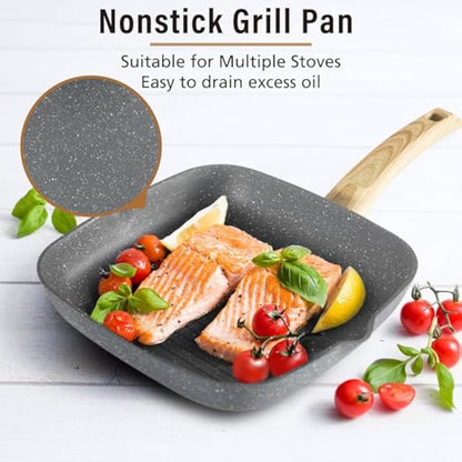 Kitchen Academy 17 Piece Non-Stick Pots and Pans Set, Induction Pan Set, Granite Non-Stick Saucepan Set, Grey