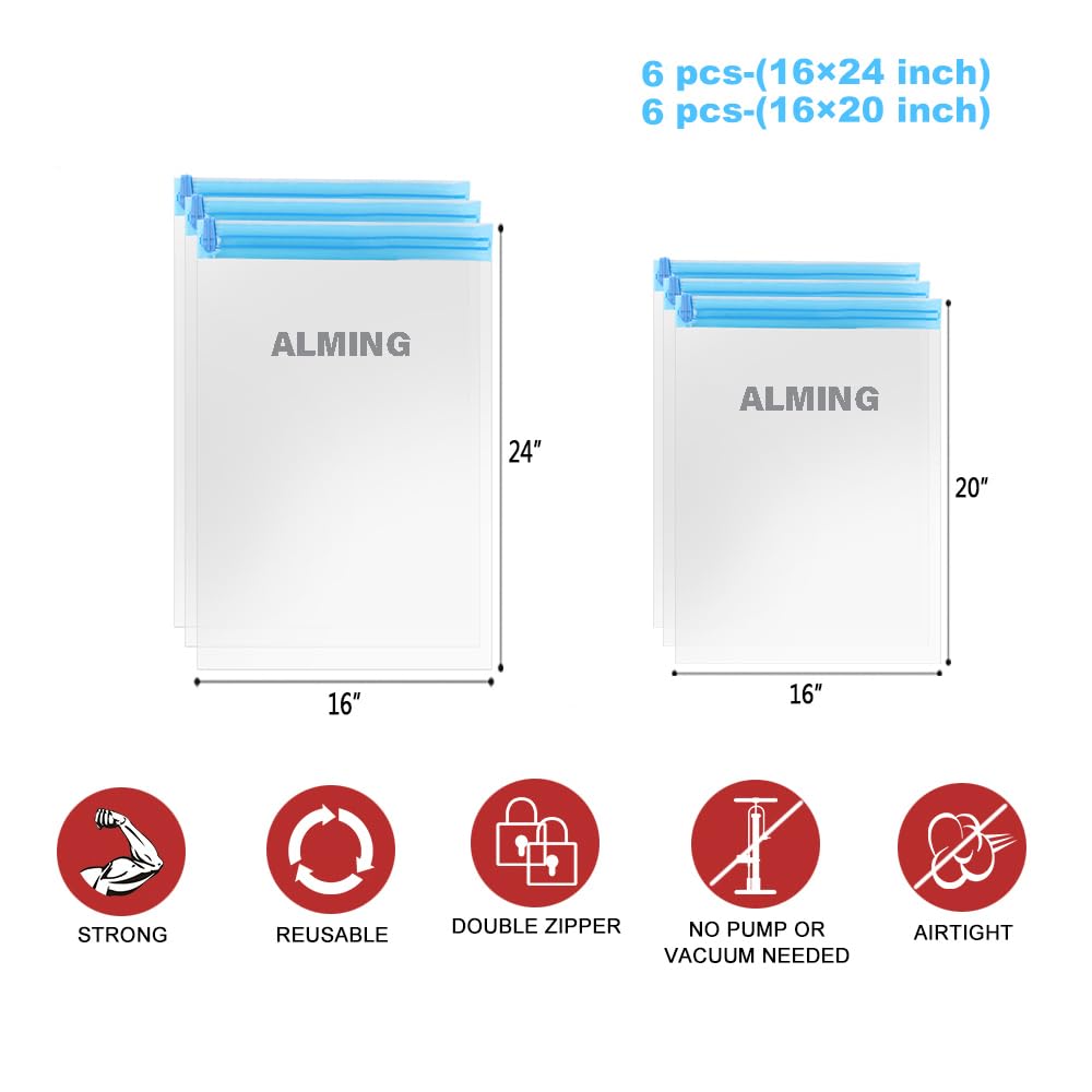 ALMING Compression Bags for Travel - 12 Pack Space Saver Bags - No Vacuum or Pump Needed - Vacuum Storage Bags for Travel Accessories - Transparent