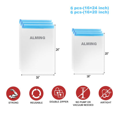 ALMING Compression Bags for Travel - 12 Pack Space Saver Bags - No Vacuum or Pump Needed - Vacuum Storage Bags for Travel Accessories - Transparent