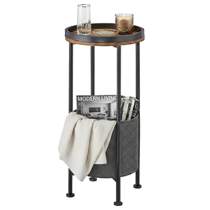 ZEXVIDA Small Round Side Table with Storage Basket, Rustic Brown