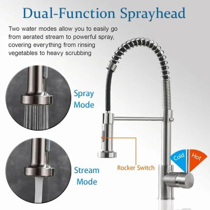 Modern Mono Kitchen Mixer Tap Dual Spout & Pull Out Spray Single Lever Chrome 360° Swivel Spout 2-Modes Spray Faucet Water Tap