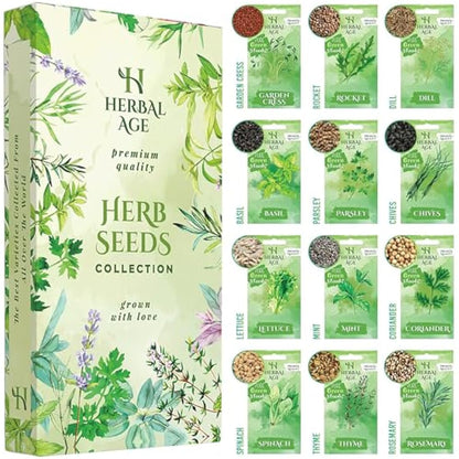 Herbal Age Grow Your Own Herb Garden Kit, 12 Herbs Plants, 8700 Herb Seed Box for Planting UK, Salad Leaves, Basil Seeds, Mint, Cress Seeds, Veg Plant Gardening Gift for Men, Women, Kids