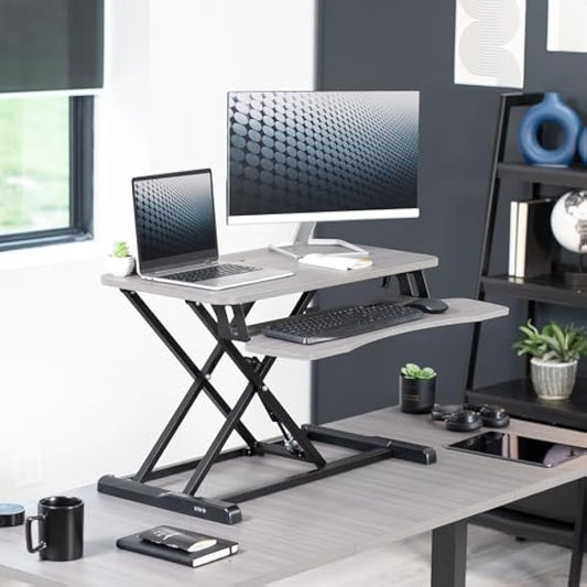 VIVO 81 cm Desk Converter, K Series, Height Adjustable Sit to Stand Riser, Dual Monitor and Laptop Workstation with Wide Keyboard Tray, Gray Top, Black Frame, DESK-V000KG