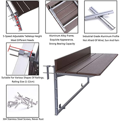 Gdmokle Balcony Hanging Table, Balcony Folding Table, Railing, Hanging Table with 5 Way Height Adjustable, Foldable Balcony Table for Patio Garden, Aluminium Profile Table (60x37 cm/23.6x14.6 inches)