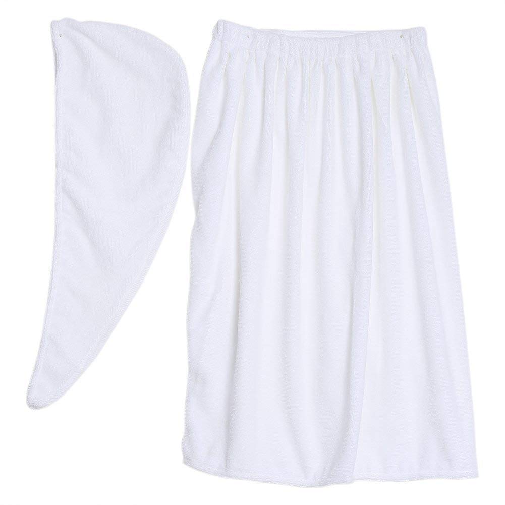 ZJchao Bamboo Cotton Bath Towel Wrap for Women Adjustable Spa Shower Robe with Hair Turban White Absorbent Pool Gym Cover Up Set