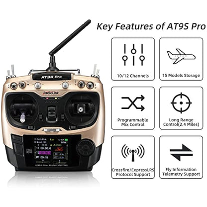 Radiolink AT9S Pro 10/12 Channels 2.4GHz RC Radio Transmitter and R9DS Receiver Kit 3400M Remote RC Plane Controller Long Range for FPV Racing Drone Quad Airplane Helicopter and More (Mode2 Left Hand)