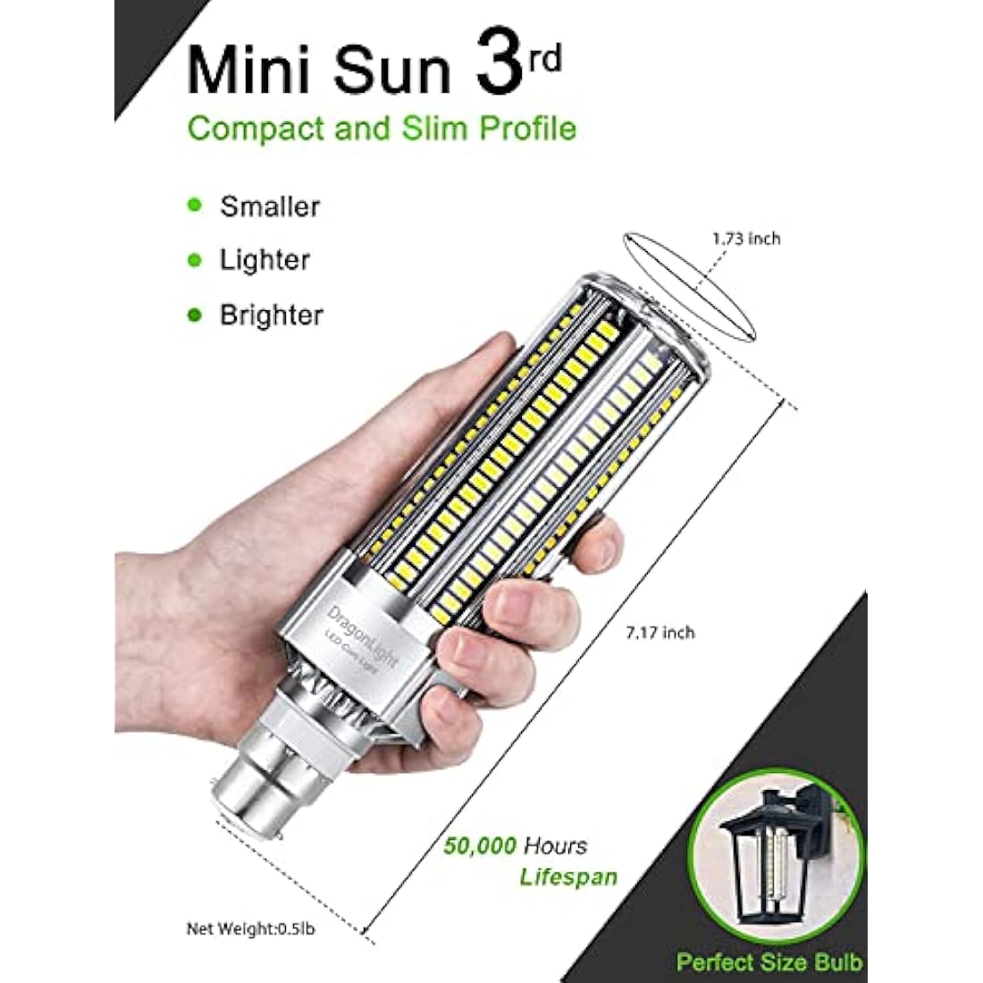 DragonLight 60W Super Bright B22 Bayonet Cap LED Corn Light Bulb(500 Watt Equivalent) - 6000K Daylight 7200 Lumens for Residential and Commercial Ceiling Lighting - Garage Warehouse Workshop