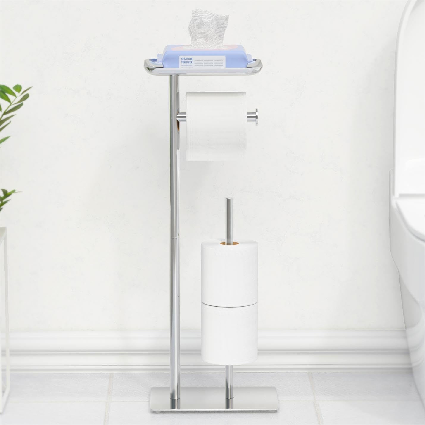 Toilet Roll Holder Free-Standing with Top Shelf, Holds 4 Rolls, Stainless Steel Bathroom Toilet Paper Dispenser