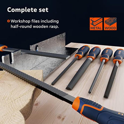 Presch File Set Metal and Wood 6 pcs. - Professional File Set incl. Half-Round rasp, Flat Stump File, Half-Round File, Round File, Triangular File and Square File